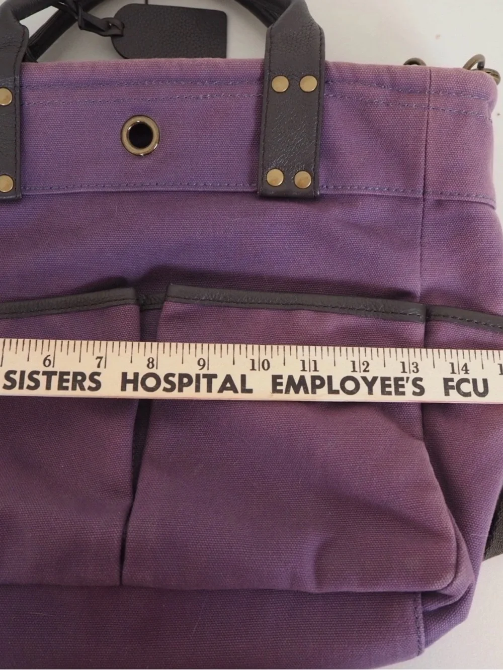 Levenger Purple Canvas Tote with Dark Brown Leather Trim